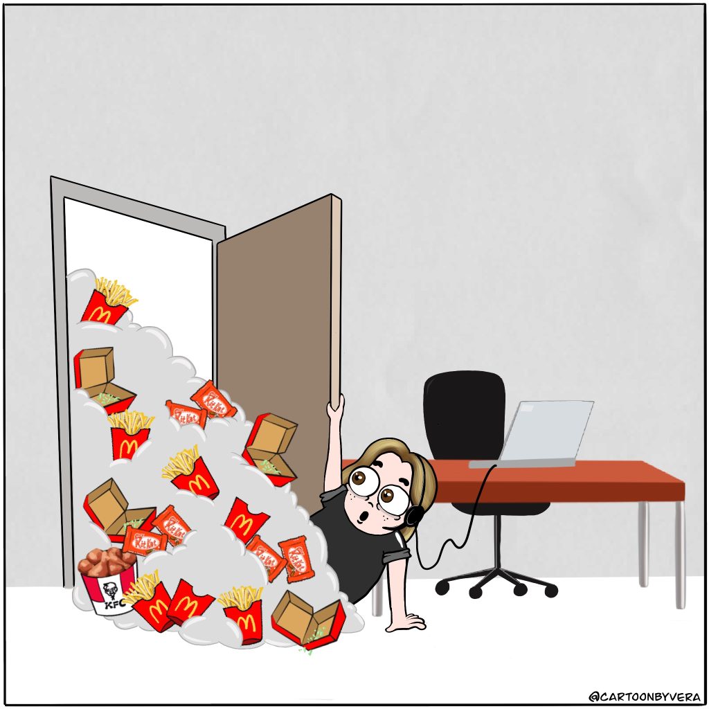 Food falling on a person. Cartoon.